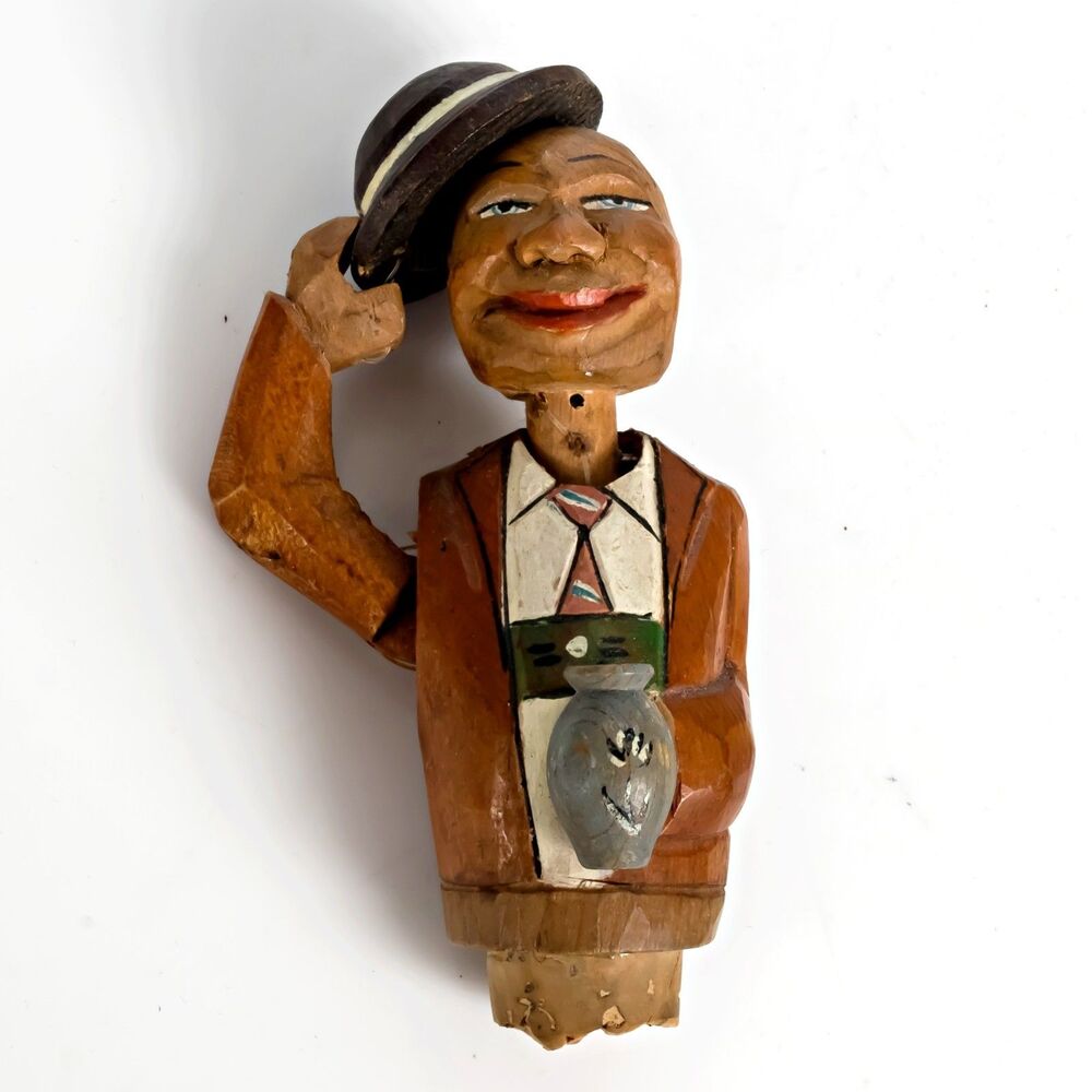 Vintage Anri Mechanical Wine Bottle Stopper Cork Hat Tipping Hand Carved Wooden